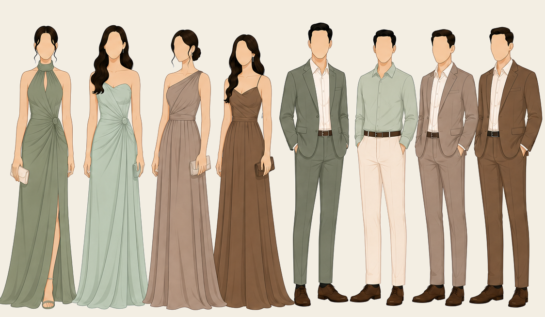 Guest attire in sage green, mint green, taupe, and mocha brown