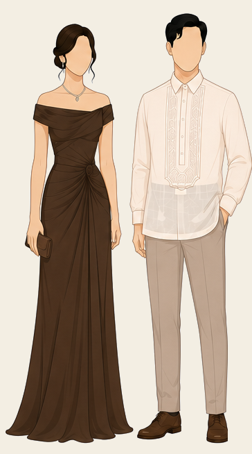 Principal sponsors attire: espresso brown gown, and barong Tagalog with taupe slacks