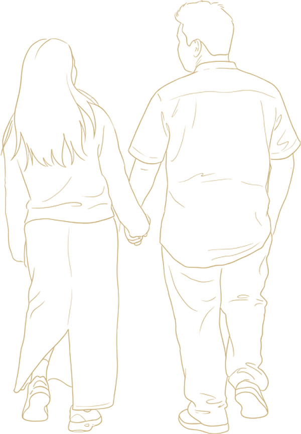 Line drawing of Rein and Mhae walking hand in hand